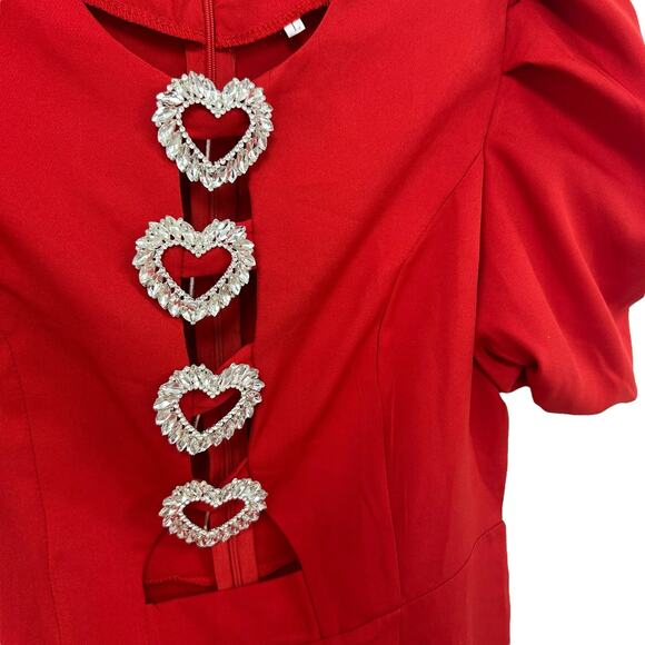 Unbranded Red Rhinestone Heart Embellished Short Puff Sleeve Dress Womens Large - Picture 4 of 7